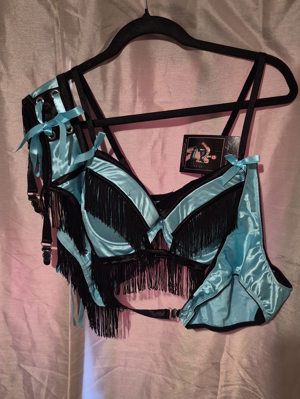 Leg Avenue Aqua Blue Satin Fringe Bra & Brief Set with Black Trim
